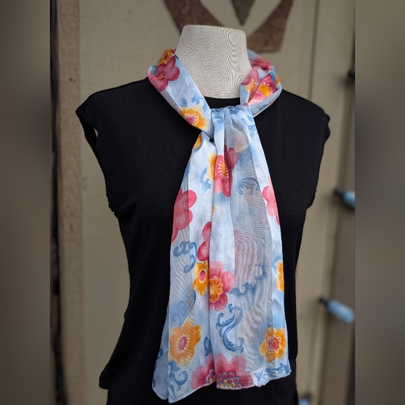 Spring Blue & Pink Roses Silky Scarf - Picture 6 of 7